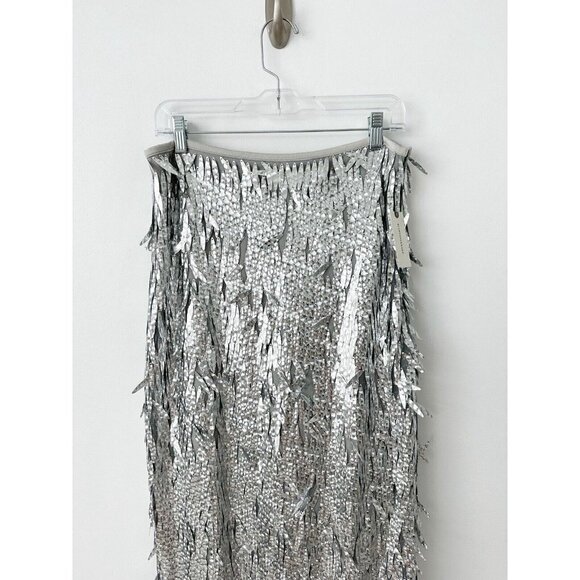 NWT Anthropologie Sequin Fringe Skirt 0P Silver Pencil Cocktail HTF - Picture 7 of 11